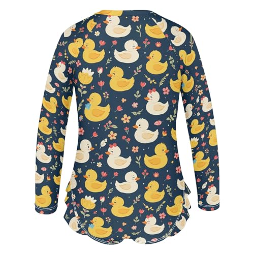 Duck Flowers Pattern Girls Long Sleeve Swimsuit Rash Guard One Piece Bathing Suits Zipper 3-12T3