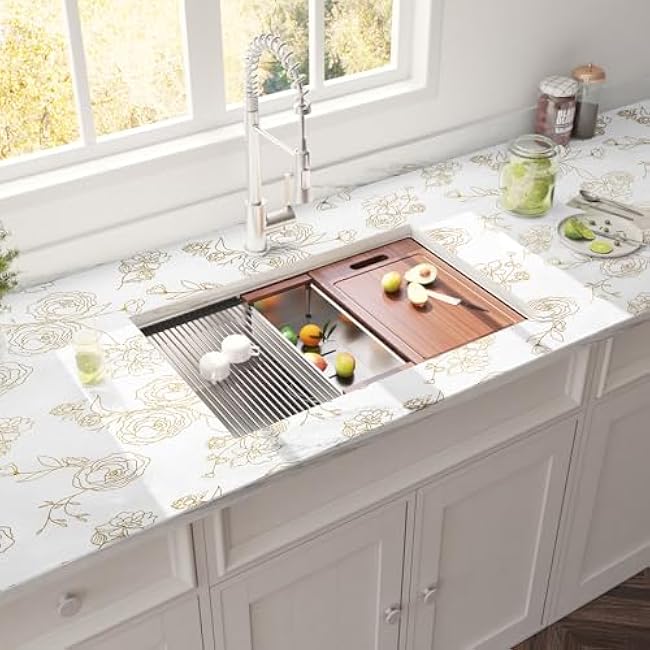 Shelf Cabinet Liner for Kitchen- Non Adhesive Drawer Liner Refrigerator Liner, Premium Waterproof Shelf Paper Protect Surface, Non Slip Easy to Clean Durable EVA Material, Gold Roses, 11.8 in x 10FT