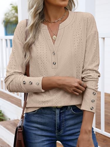 ANRABESS Womens Eyelet Tops Long Sleeve Henley Shirts Business Dressy Casual Blouse Vacation T-Shirt 2025 Fall Outfits