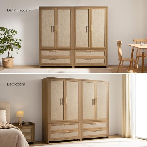 Image of SICOTAS Larger Armoire Wardrobe Closet, 71 inch Tall Rattan Freestanding Wardrobe Cabinet with Storage and 2 Drawers, Boho Clothes Organizer with Hanging Rod for Bedroom, Oak (2 Pieces)