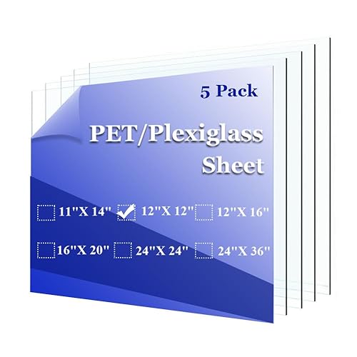 Hojas de plexiglás de 12 x 12 pulgadas (paquete de 5) - Paneles de PET para manualidades, marcos, letreros, ventanas, mesas, pintura. Hoja de