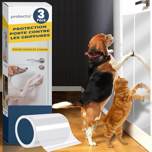 PROTECTO® 3-Pack Protection Anti-Griffes, Cutter Inclus – 3-Pack 150x20 cm - écran de Porte + Protection Bois, Murs et Meubles Contre Les Griffes,...