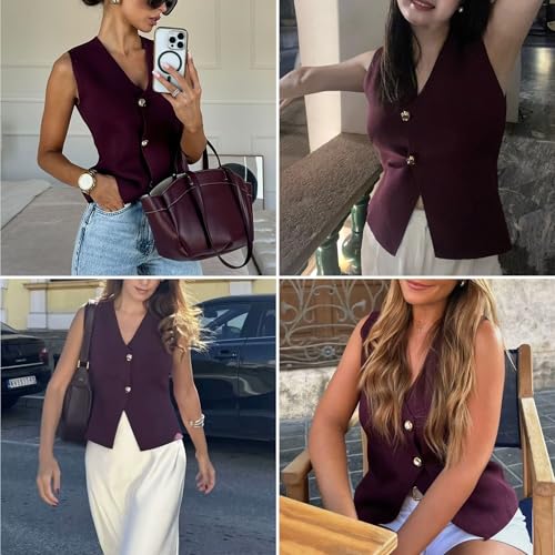 Image of FindThy Women's Cropped Knit Vest V Neck Button Up Solid Color Sleeveless Gilet Tank Tops