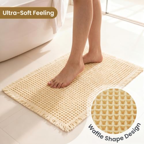 Image of HASTHIP Waffle Bath Rug Absorbent Non Slip Bath Mat Cream White