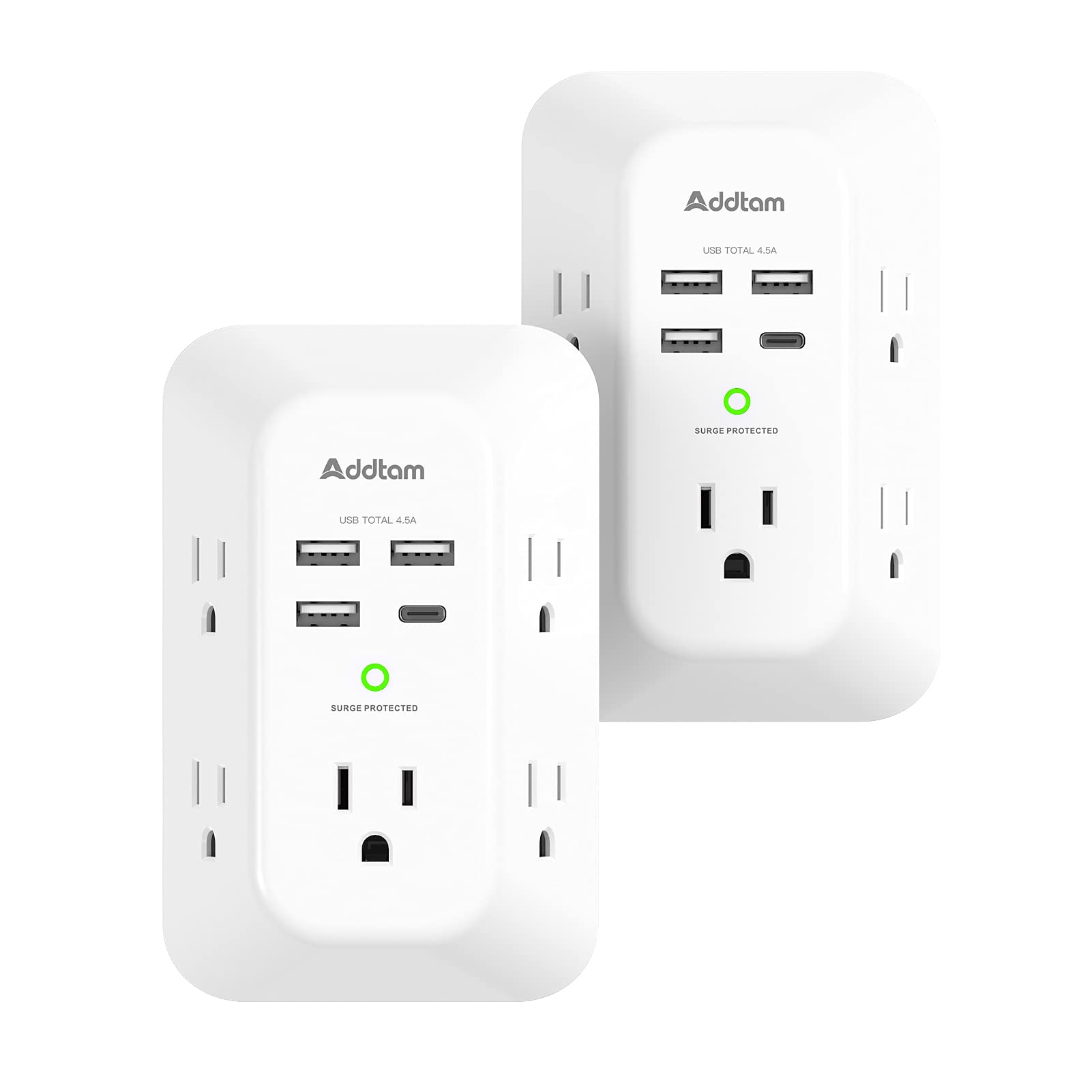 2 Pack USB Wall Charger Surge Protector, Multi Plug Outlet with 5 Outlet Extender and 4 USB Charging Ports (1 USB C Outlet) 3 Sided 1800J Power Bar for Home Travel Office
