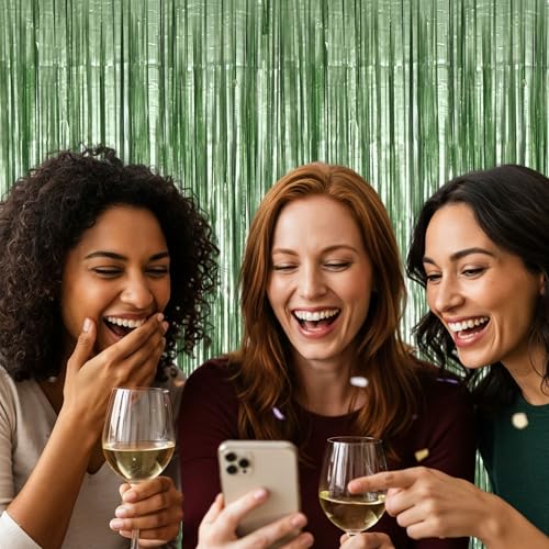 Image of Matte Sage Green Tinsel Foil Curtains Backdrop Party Decorations