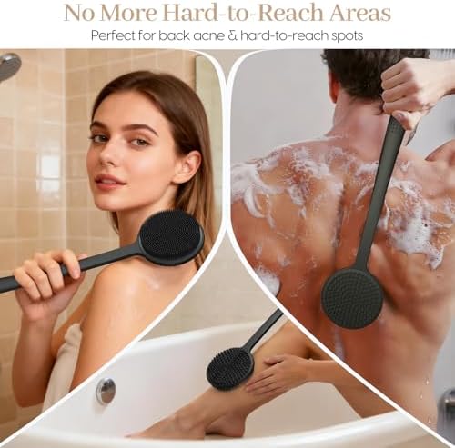 Back Scrubber for Shower & Face Scrubber, 2Pcs Silicone Exfoliating Brush Set with 17In Long Handle, Soft Body & Facial Cleansing Scrubber for Men Women — view 3