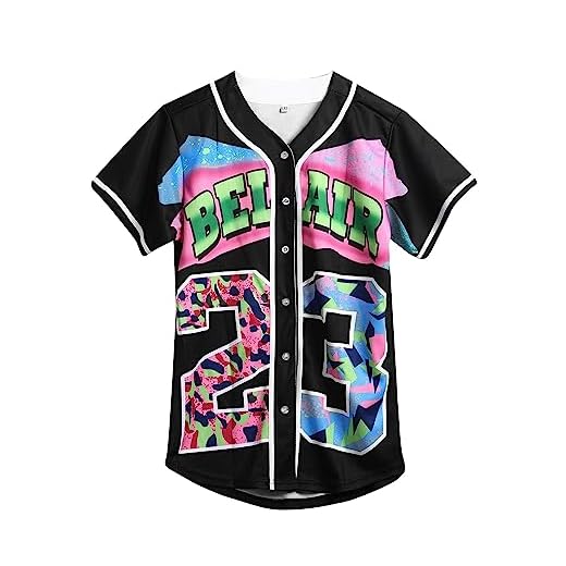 Amzdest 90s Clothing for Women, Unisex Hip Hop Party, Bel Air 23 Baseball Jersey Short Sleeve Button Down Shirt (23Black, Large)