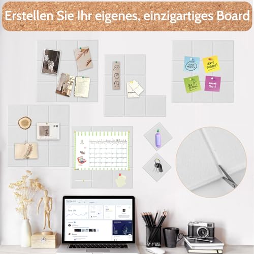 Pinnwand Filz, 6 Stück 30X30cm, Große Pinnwand Selbstklebend mit Pinnnadeln, DIY Filzboard Pin Board, Filzplatten Selbstklebend für Foto Hängen (Weiß)