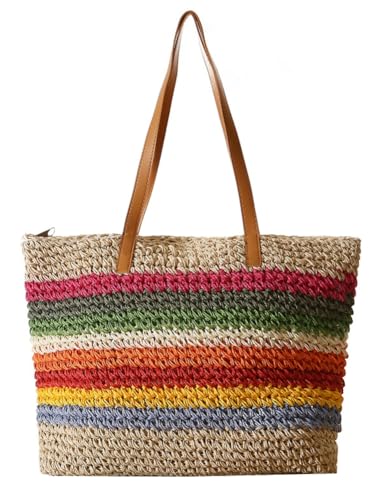 Rainbow Straw Bag for Women Contrast Striped Straw Shoulder Bag Beach Tote Bag Summer Straw Hobo Handbag 2024 Straw Purse