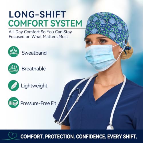 Image of Adjustable Scrub Cap with Button, Satin-Lined Cotton Scrub Hat Sweatband, Elastic Working Hat Unisex, One Size