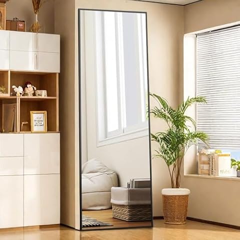 GlasFlength Full Length Mirror with Stand, 59"X16" Aluminum Alloy Floor Standing Mirror, Wall Mirror Hanging or Leaning Against, Body Mirror for Bedroom Living Room Dressing Room, 59IN-Rect-Black Cover