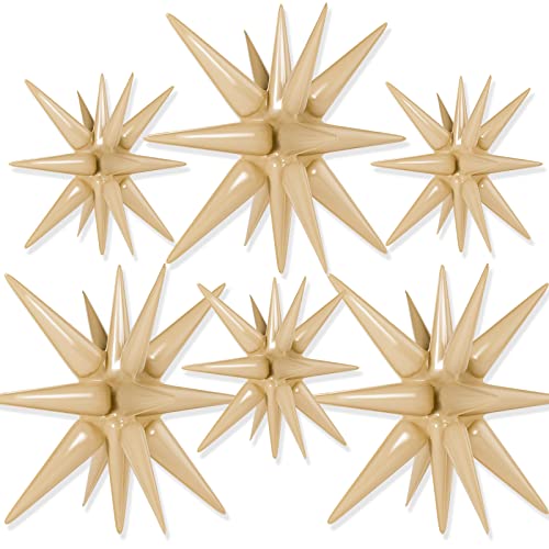 Image of PartyWoo Caramel Brown Star Balloons 6 Pcs, 14-Pointed Starburst, 27 & 22 Inch Explosion With Ribbon, Foil, Large for Party