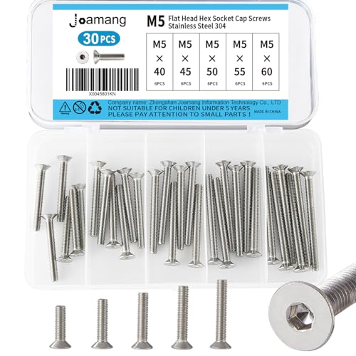 Joamang M5 x 40mm 45mm 50mm 55mm 60mm Flat Head Hex Socket Cap Screws Countersunk Bolts, Stainless Steel 304, Metric Allen Hex Drive, Bright Finish, Fully Threaded, Assortment Kit 30PCS