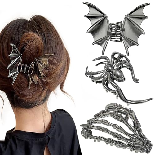 3 Pinzas para cabello Halloween diseño esqueleto y murciélago miniatura 1
