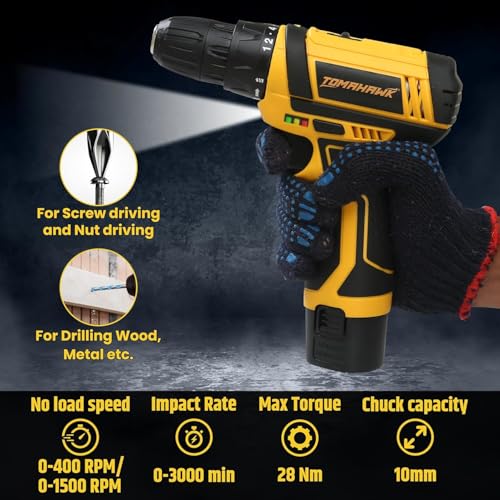 Image of Tomahawk 12V Cordless Drill Machine & Screwdriver Kit for Home | 10mm Keyless Chuck | 2-Speed 350 /1350 RPM | 28 Nm, 18+1 Clutch | 2 x 1.5Ah Batteries + Charger | LED Light & Battery Indicator