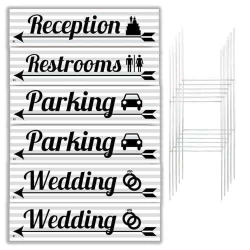 Wedding Signs 6 Pack | Grey and White Striped with Black Writing | 6 x 24 inch Lawn Signs with H-stakes | Wedding, Parking, Restrooms, and Reception