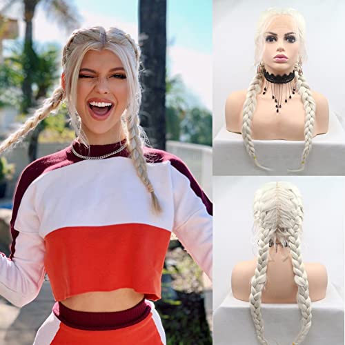 Perruque blanche tressée synthétique dentelle frontale et ligne de cheveux naturelle