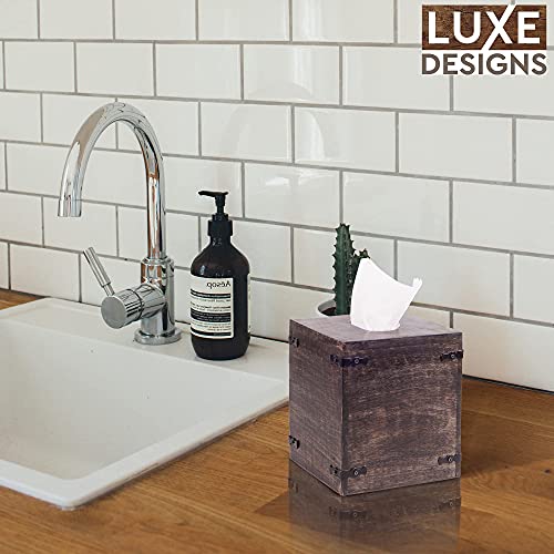 Luxe Designs Rustic Wood Tissue Box Cover with Slide-Out Bottom Panel - Decorative Mango Wood Tissue Box Holder for Bathroom, Car, or Office Desk - 5.7 x 5.7 x 6.5 Inches, Dark Burnt (Set of 2)