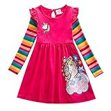  Nemopter Vestido de Niña Vestidos Niños Primavera Verano Algodón Unicornio Manga Larga Estampado Otoño Invierno Mangas Rayas Arco Iris 6 Mes-7 Años, rojo, 5-6 Años