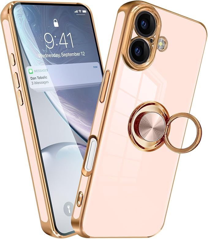 対応iPhone17 ケース リング いphone 17 リング付き スマホケース TPU 車載ホルダー対応 360°回転 ストラップホール付き メッキ加工 カバー ピンク