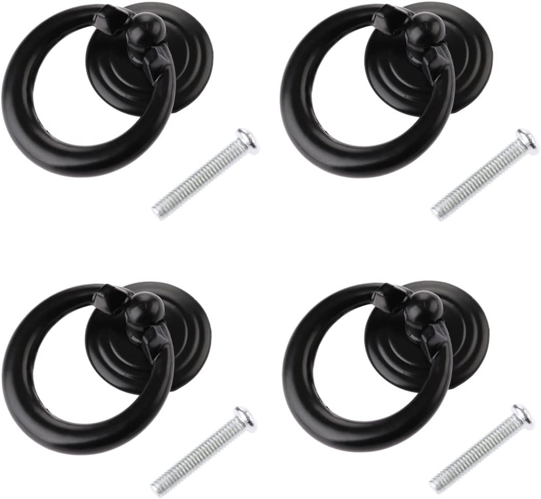 dophee 4 Pack Cabinet Pulls Handles, Vintage Drawer Ring Pulls Knobs for Dresser Cupboard Door Chest Bin Wardrobe Furniture Hardware 1.77"x1.34"- Black