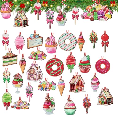 TENGWA 30 Pièces Bois Decoration Noel Kit Deco Noel Éléments Classiques Sujet de Noel en Bois avec Fil de Suspension Coloré Styles Variés pour Décorations de Fête et Projets Bricolage