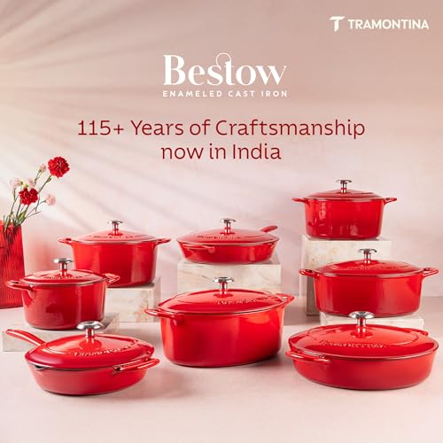 Image of TRAMONTINA Bestow Oval Dutch Oven 5.2L with Lid | Enameled Cast Iron Casserole Pot & Biryani Pot | Even Heat Retention | Low Oil Healthy Cooking | No Seasoning Required | All Cooktops Compatible | Red