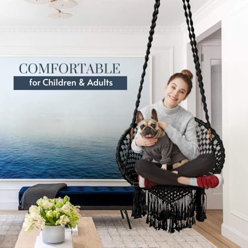 Image of Swingzy Premium Round Hanging Swing Chair for Home /Balcony /Garden /Patio /Hammock Jhula Chair for Adults & Kids /Indoor Outdoor Hanging Seat with Accessories | Heavy Duty Rope Swing (Round Black)