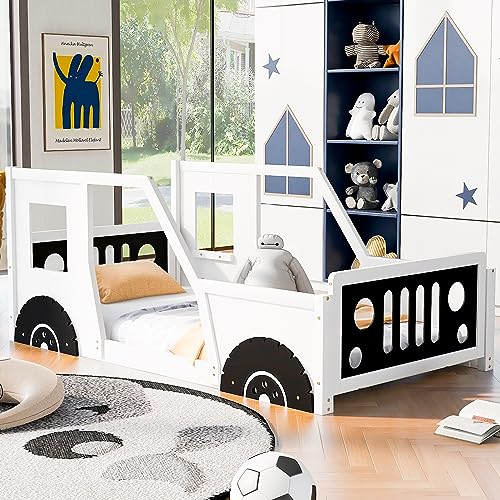 MERITLINE Twin Size Kids Floor Bed with Car-Shaped and Wheels, Wooden Twin Platform Bed Frames with Doors and Windows, Twin Car Bed with Slat Support for Kids Boys Girls, No Box Spring Needed, White
