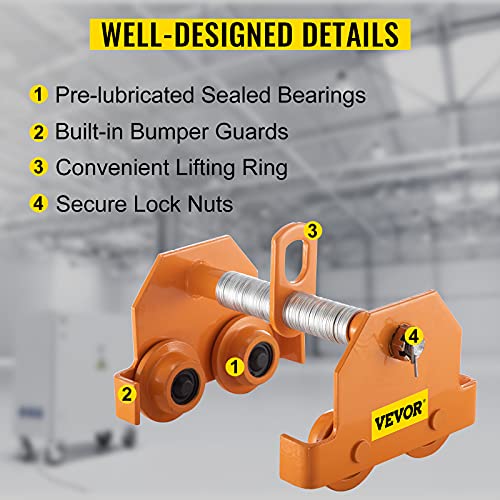 Vevor 0.5 Ton Manual, 1100 Lbs/0.5T Load Capacity Trolley, 2.5-8 Inch Adjustable Width Push Beam With Dual Wheels, Orange #TOP5