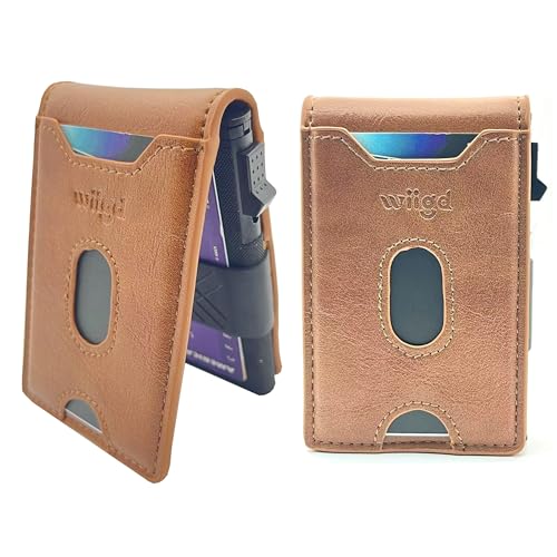 Men's Slim Bifold Wallet with Pop-Up Card Holder – RFID Blocking, Minimalist Aluminum Case, ID Window, Coin Pocket,Front Pocket Wallet with Gift Box(Brown)