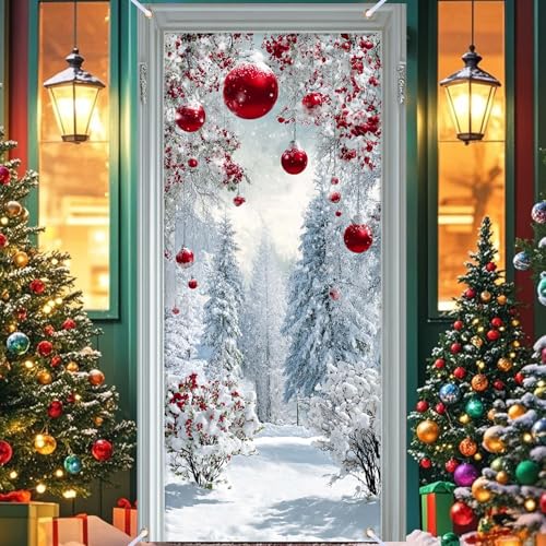 Nuxovilar Snow Scene Door Cover with Red Accents Background Winter Xmas Holiday Wonderland...