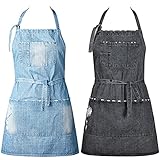 2 Pieces Denim Kitchen Apron with 5 Pockets Adjustable Chef Apron Men and Women Denim Apron Neck...
