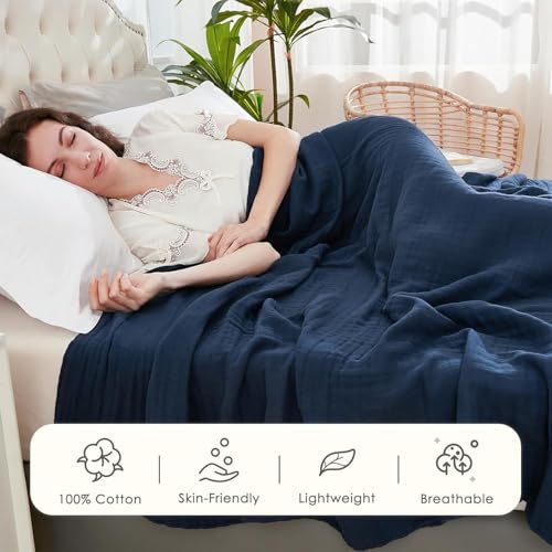 Image of EMME Muslin Blankets for Adults Throw Blanket for Couch Breathable Gauze Soft Lightweight Airy Navy Queen 90 inch x 90 inch