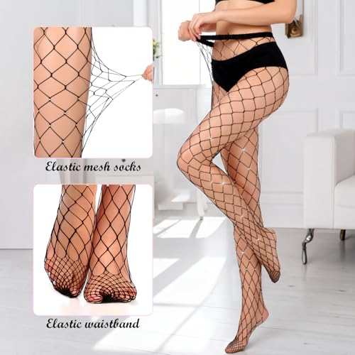 3 Pairs Plus Size Fishnet Stockings Women, High Waist Stretchy Footless Tights, Rhinestone Sparkly Mesh Glitter Pantyhose(Black)3