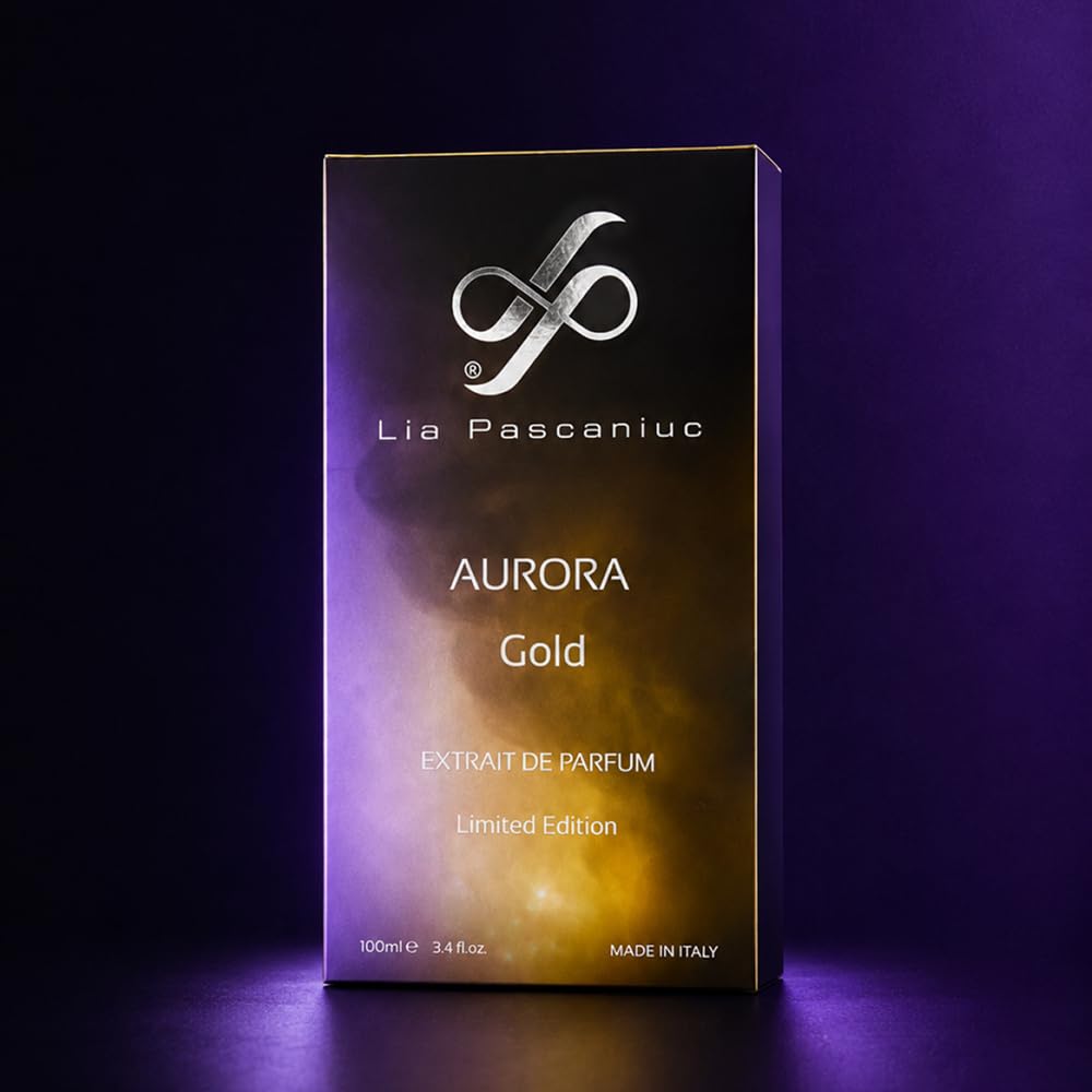 Lia Pascaniuc - Aurora Gold Eau de Parfum 100 ml, Fragranza Intensa e Calda con Vaniglia, Ambra, Palissandro, Ebano e Incenso, Note di Lavanda, Profumo Donna e Uomo