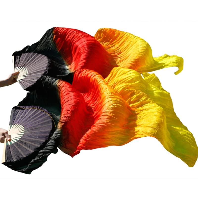 Belly Dance Faux Silk Veil Fans, 1 Pair (Left+Right) Faux Silk Bamboo Long Fans Veils, Handmade Belly Dance Dancing Silk Fans, Dance Performance