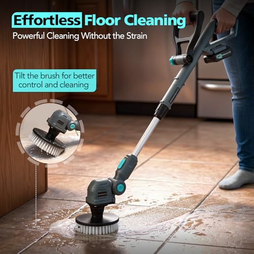 Image of 20V Cordless Electric Spin Scrubber with Replaceable Battery & Long Handle - Includes 8 Replaceable Brush Heads for Bathroom, Tile, Grout, Shower, Bathtub, Kitchen, Car & Outdoor Cleaning