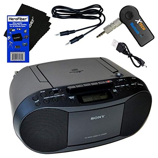 Sony Portable CD Player Boombox with AM/FM Radio & Cassette Tape Player + Wireless Bluetooth Receiver with Charger + Aux Cable for Smartphones, MP3 Players & HeroFiber Ultra Gentle Cleaning Cloth