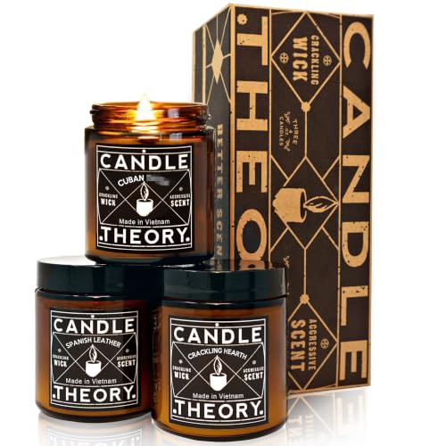 CANDLETHEORY Scented Candle Gift Set - 3, 4 oz Candles - Crackling Wood Wicks - 3 Scents - Cuban Cigar, Spanish Leather, Crackling Hearth - Man Candle, Bachelor Pad Decor, Man Cave Stuff Deal