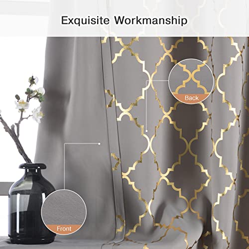 Anjee Grey Blackout Curtains 84 Inch Long 2 Panels Set Thermal Insulated Room Darkening Window Drapes For Living Room Bedroom With Gold Moroccan Foil Pattern Print, Grommet Top,52 X 84 Inches,Grey #TOP3