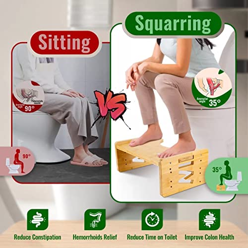 Pragym Toilet Stool, Poop Stool For Bathroom, Multi-Height & Angle Adjustable Bamboo Potty Stool For Adults & Kids, Stable 7” Toilet Step Squat Stool With Non-Slip Mat, Large Groove Fit All Toilets #TOP3