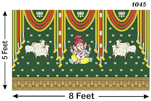 Image of Marigold and Lotus Flower with Cows and Ganesh ji Design Backdrop Cloth for Pooja Decoration Traditional Background Curtain Cloth for Festival Size 5 Feet Height and 8 Feet Width (5 * 8)