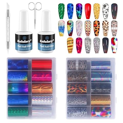 Kalolary Zestaw folii do paznokci - żelowy klej do paznokci, holograficzne arkusze foliowe, długopis prasowy, nożyczki - dekoracja paznokci z efektem laserowym do manicure DIY (20P + klej do liści