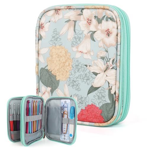 Image of Katech Crochet Hook Case - Empty Zipper Bags Organizer with Web Pocket and Holder Slots for Carrying Various Accessories (Light Blue)