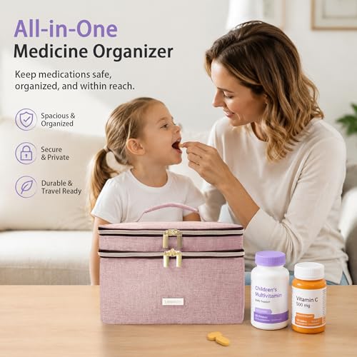 Image of Lexeeco Medicine Storage Bag Pill Bottle Organizer with Portable Small Pouch Travel Medication Bottle Organizer for Emergency Home First Aid Box Kit (Pink)