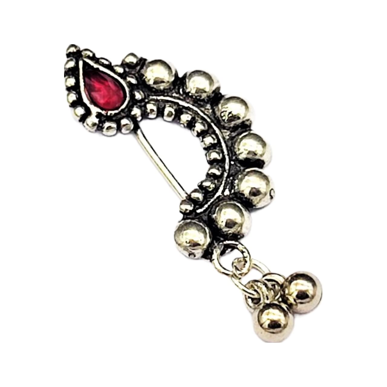 Maharashtrian Traditional Silver-Toned Nath Without Piercing Nose Pin For Women & Girls Marathi Nath with Red Stone an eye-catching gift to your loved ones lightweight, versatile and easy to use-image-33