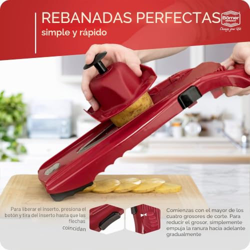 Miniatura 5 de Börner Cortador De Verduras V5 Set Básico Mandolina En V Para Cortar Rodajas En 4 Grosores Cortadora De Acero Inoxidable Mandolina Ajustable Para Frutas Y Verduras Color: Rojo