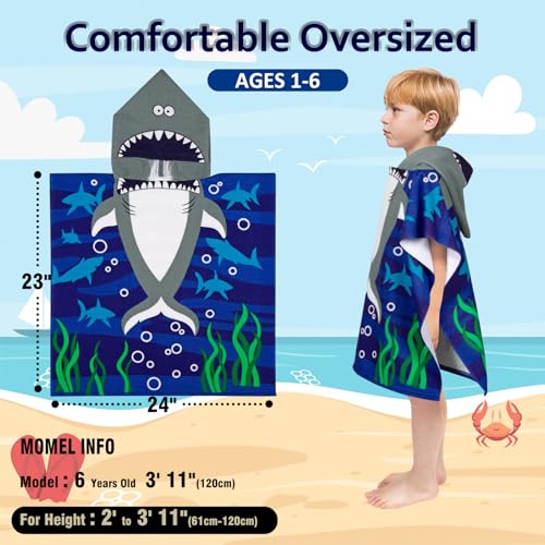 Image of growell Hooded Kids Beach Towels - Toddler Bath Towel Girls Boys Swim Cover-ups for Ages 1 to 6 Kids Pool Towels Quick Dry Lightweight Soft Microfiber Poncho Towel 24x23 (Buble Shark)